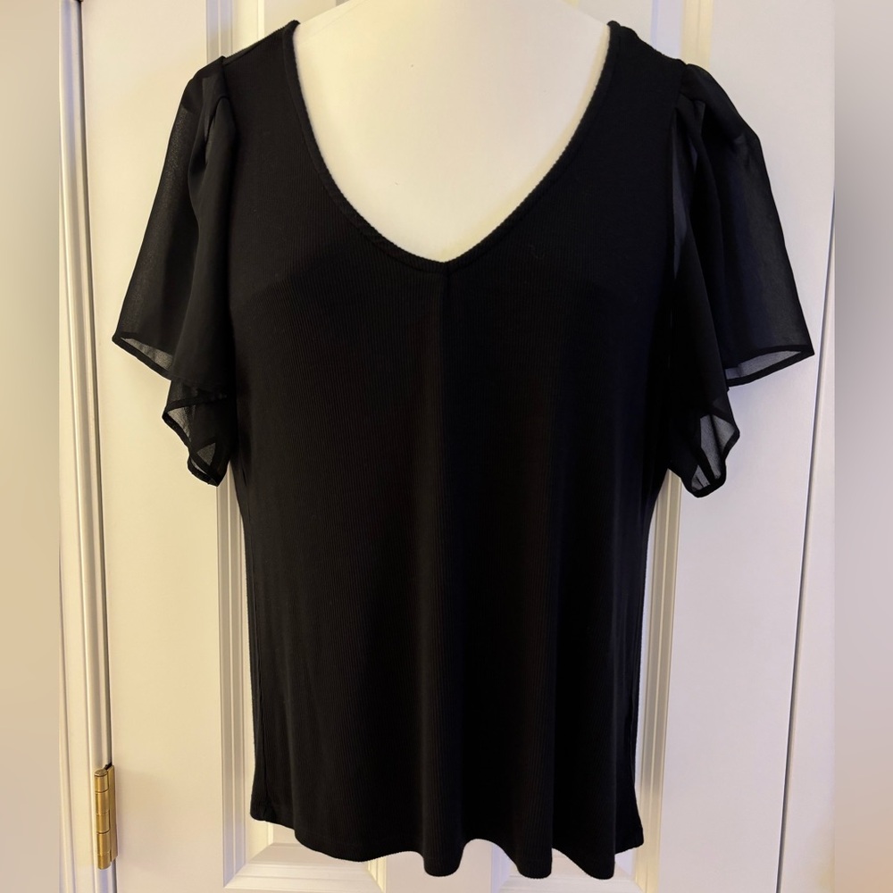 1. State Blouse Black Sheer Flutter Sleeve ribbed v-neck office to evening XL - Picture 3 of 6
